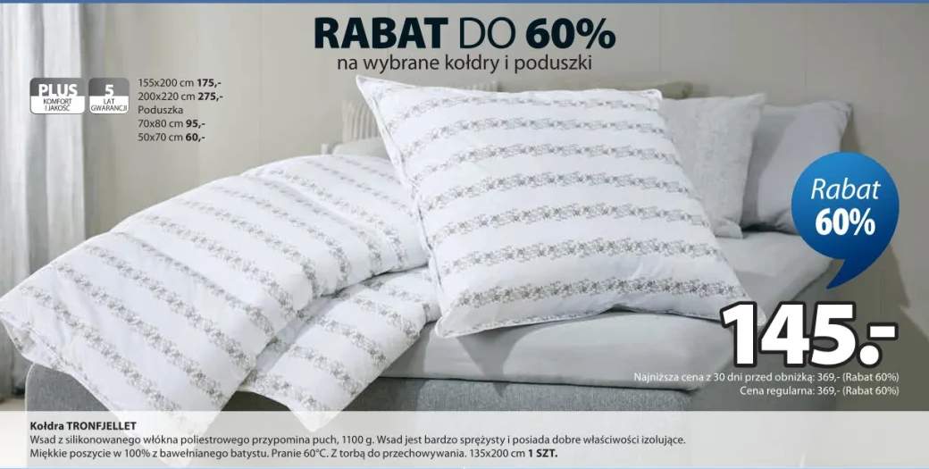 Kołdra Tronfjellet wkład z silikonowanego włókna poliestrowego przypomina puch, miękkie poszycie w 100% z bawełnianego batystu 135x200cm