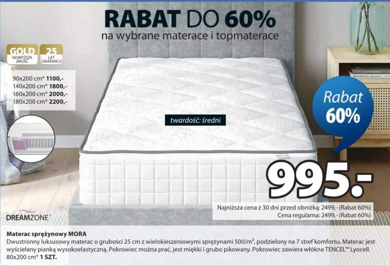 Materac sprężynowy Mora dwustronny luksusowy o grubości 25cm z wielokieszeniowymi sprężynami, pokrowiec zawiera włókna TENCEL™ Lyocell 80x200cm