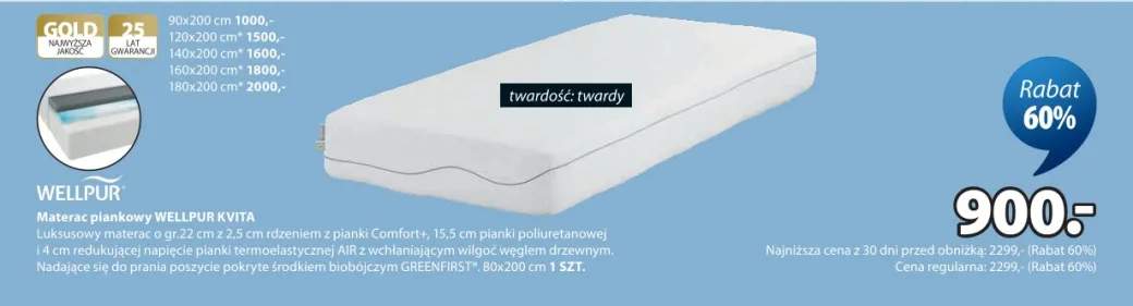 Materac piankowy Wellpur Kvita luksusowy o gr.22cm z 2,5cm rdzeniem z pianki Comforta, 15,5cm pianki poliuretanowej i 4cm relaksującej napięcie pianki termoelastycznej AIR 80x200cm