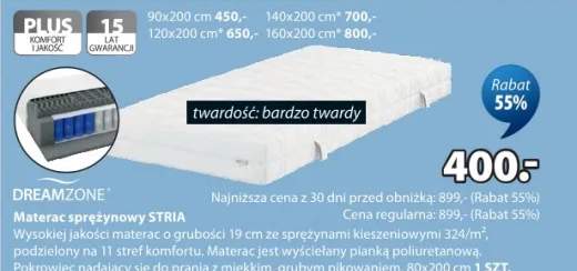 Materac sprężynowy Stria wysokiej jakości o grubości 19cm ze sprężynami kieszeniowymi, pokrowiec nadający się do prania z miękkim, grubym pikowaniem 80x200cm