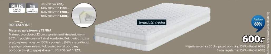 Materac sprężynowy Tenna o grubości 22cm z sprężynami kieszeniowymi, pokrowiec można prać, wykonany jest w 100% z poliestru z grubym pikowaniem 80x200cm