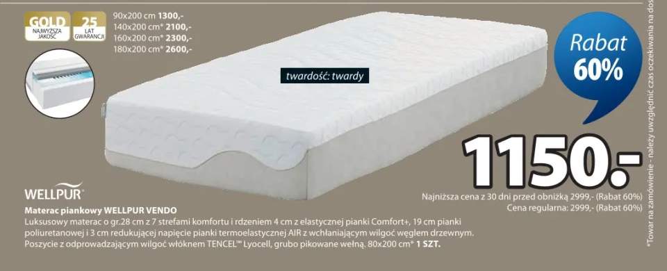 Materac piankowy Wellpur Vendo luksusowy materac o grubości 28cm