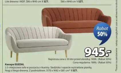 Kanapa EGEDAL 2.5-miejscowa sofa w poszyciu z tkaniny siedzisko i oparcie wyściełane pianką nogi z litego drewna z podnóżkiem S170xW82xG81cm