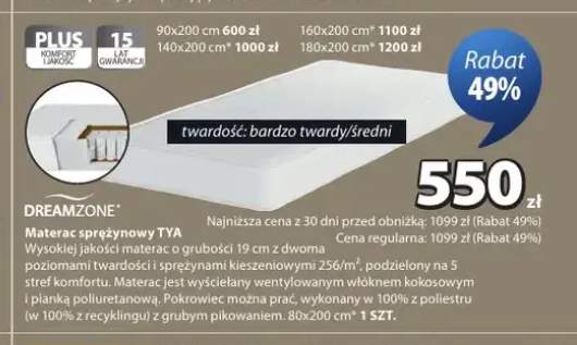 Materac sprężynowy DREAMZONE TYA bardzo twardy/średni 140x200cm