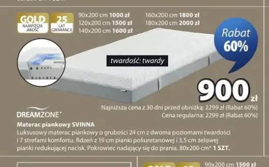 Materac piankowy DREAMZONE SVINNA twardy 80x200cm