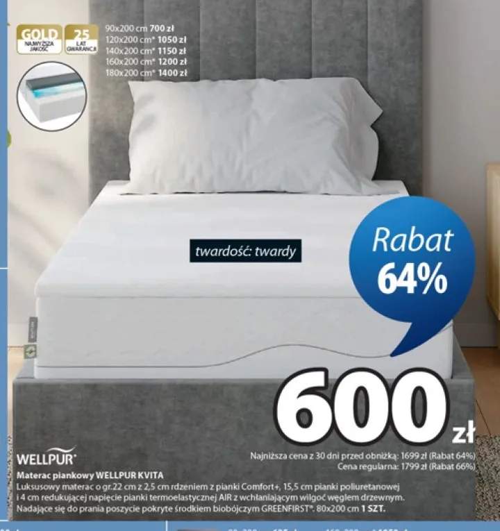 Materac piankowy Wellpur Kvita 80x200 cm +5 wariantów