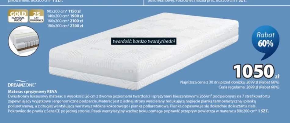 Materac sprężynowy Dreamzone Reva 80x200 cm +4 warianty
